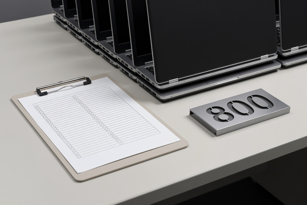 Asset audit checklist clipboard resting beside neatly organized laptop inventory ready for planned replacement cycles