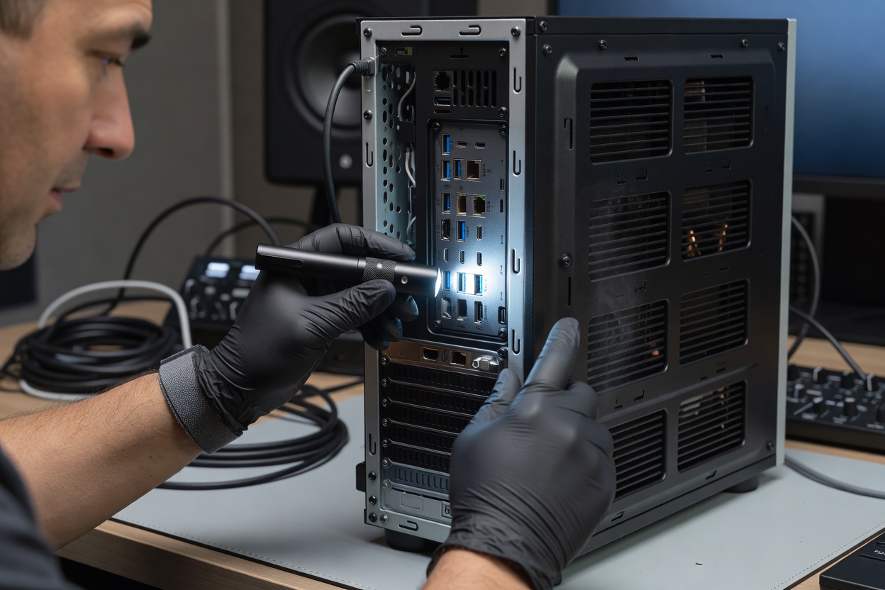 Close-up of a specialist checking peripheral ports, firmware versions, and thermal vents on a studio computer