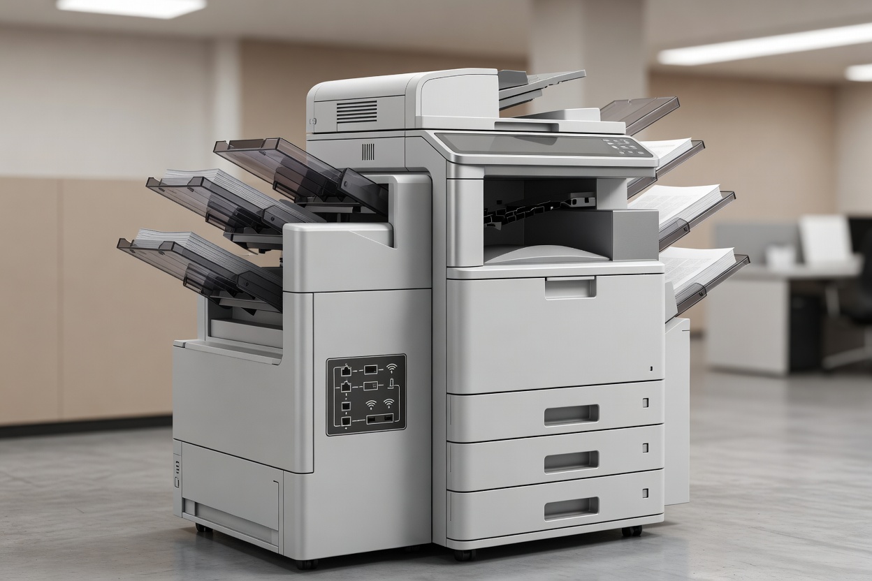 Commercial multifunction office printer station with organized output trays, clean paper loading drawers, and clear network labeling