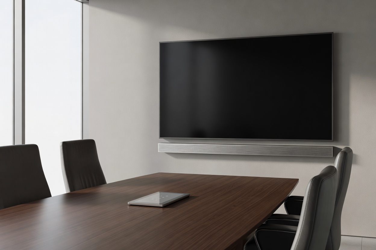 Executive meeting room featuring a wall mounted commercial display, conference soundbar, and tabletop touch controller