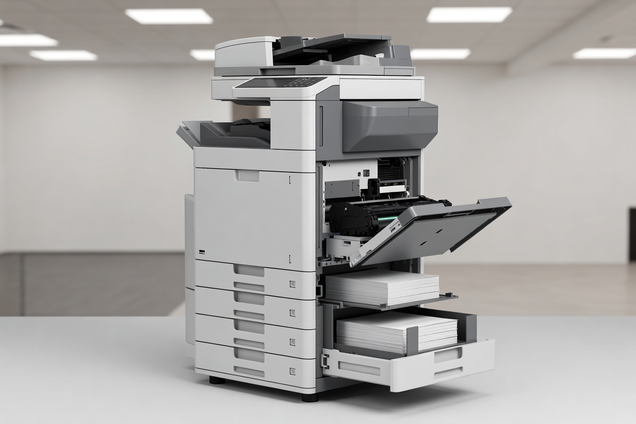 Floor-standing commercial multifunction office printer with organized paper drawers and clear maintenance access