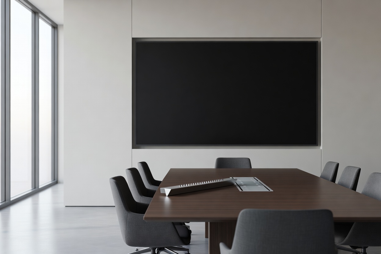 Modern corporate conference room with wall-mounted display, beamforming microphone bar, and table touch controller