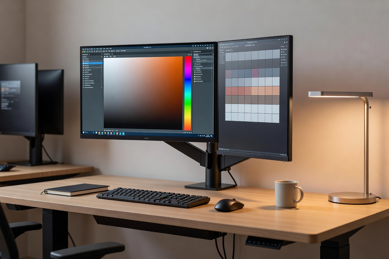 Organized modern office workstation with calibrated dual monitors, minimal cabling, and warm ambient light