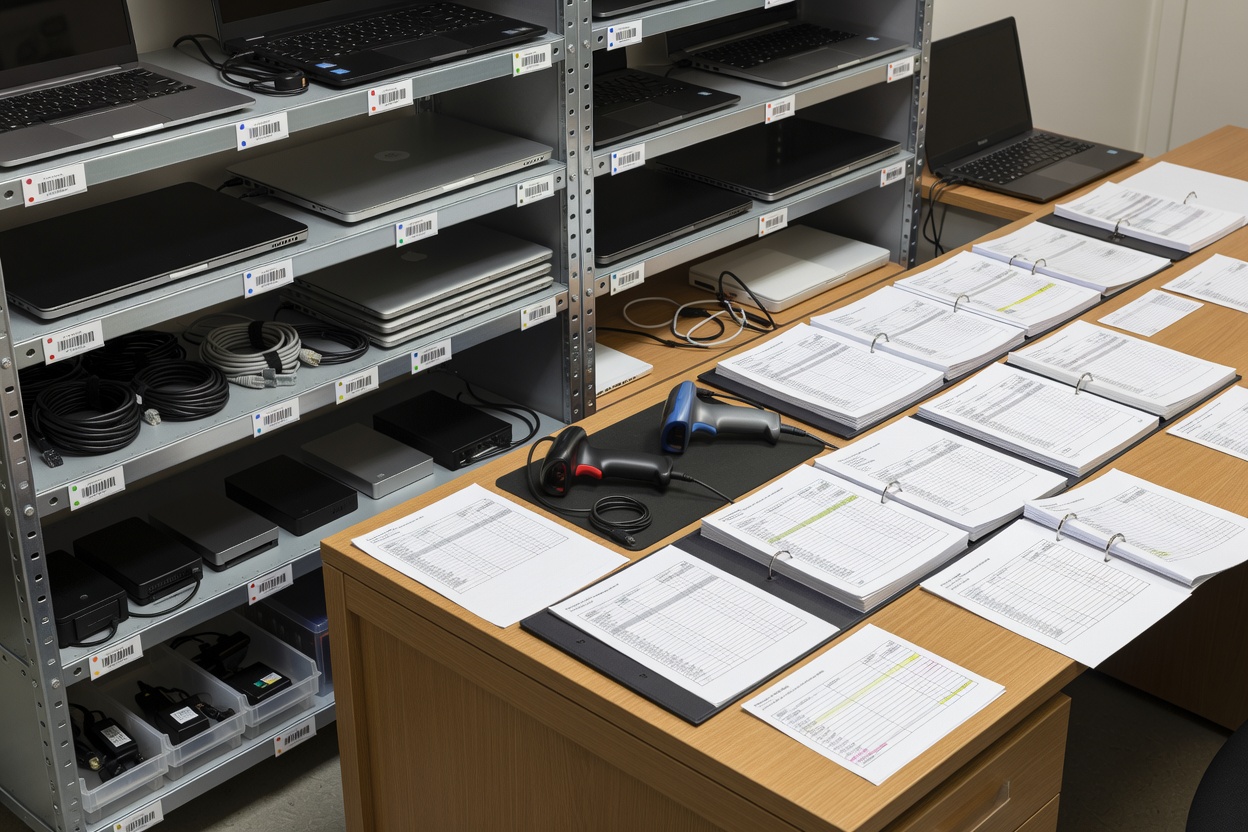 Organized technology audit workspace showing labeled hardware inventory, barcode scanners, and asset registration records