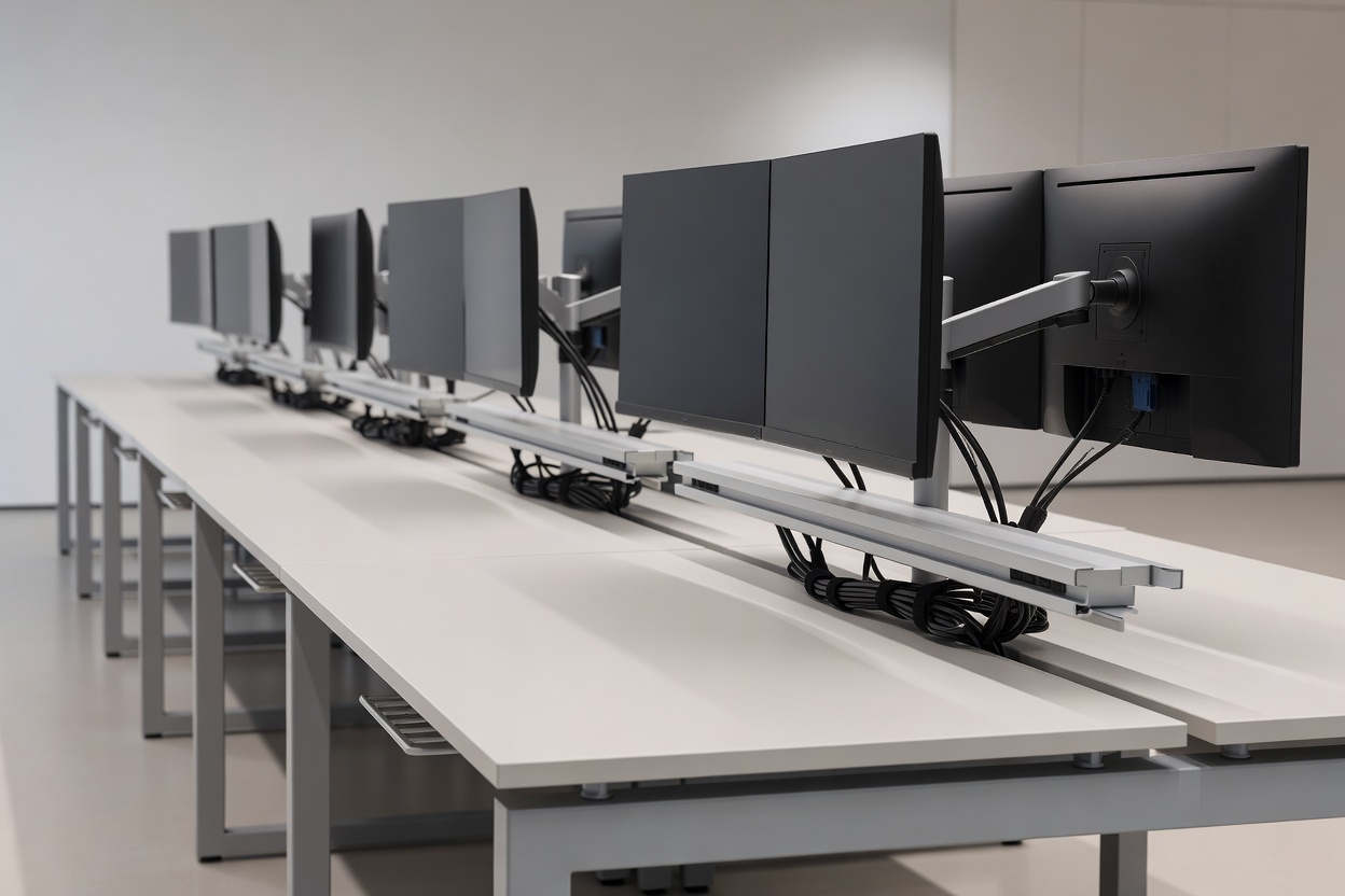 Row of cleanly fitted office desks with unified dual monitors, mounted power distribution bars, and organized cable baskets