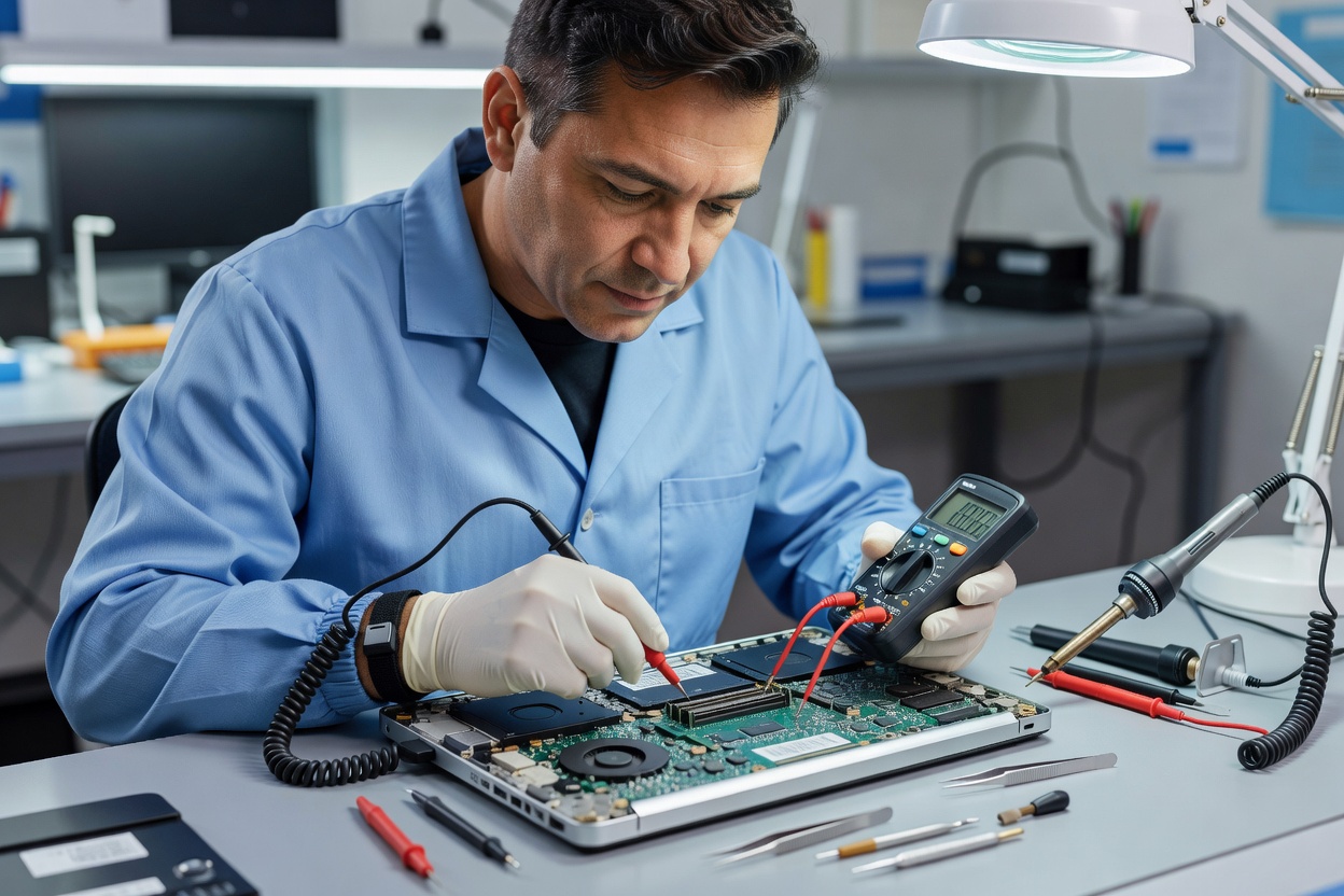 Specialist carefully using diagnostic tools and antistatic equipment to service workplace laptop components