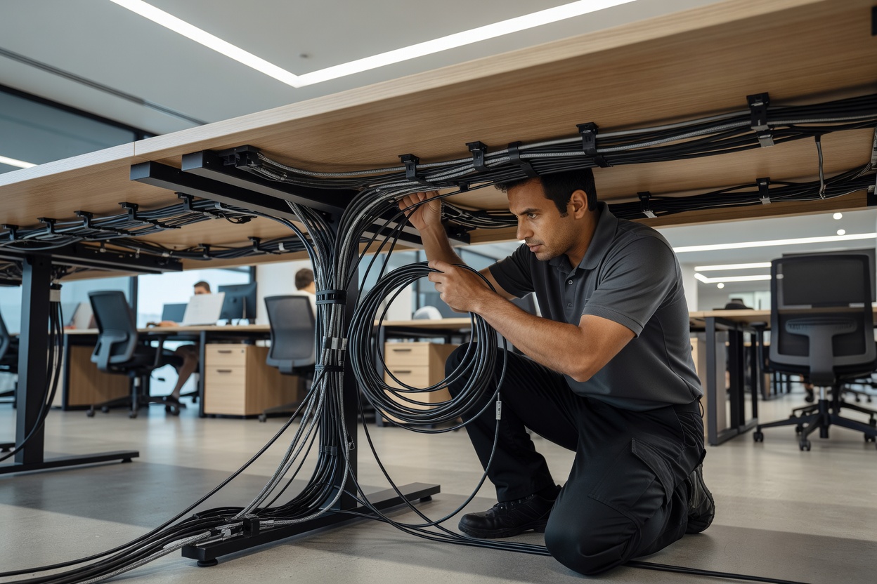 Technician neatly routing power and data lines beneath an open-plan office bench desk